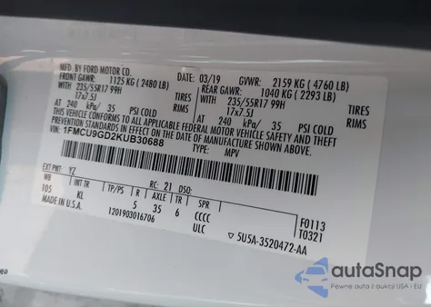 2019 Ford Escape Se z USA, uszkodzony, nr VIN 1FMCU9GD2KUB30688